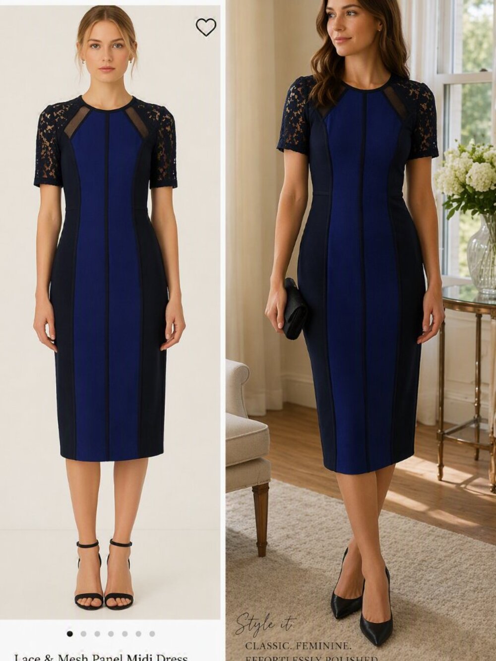 Rebecca Taylor Navy and Black Lace-Panel Midi Dress